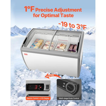 Commercial Ice Cream Display Case, 12.8 Cu.ft Chest Freezer, -19 to 3? Temp Adjustable Mobile Top Deep Freezer with 4 Wire Baskets, 2 Sliding Glass Doors, Locking Casters & LED Strip Lighting