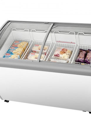 Commercial Ice Cream Display Case, 12.8 Cu.ft Chest Freezer, -19 to 3? Temp Adjustable Mobile Top Deep Freezer with 4 Wire Baskets, 2 Sliding Glass Doors, Locking Casters & LED Strip Lighting