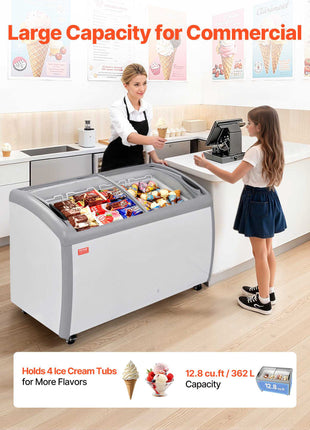 Commercial Ice Cream Display Case, 12.8 Cu.ft Chest Freezer, -19 to 3℉ Temp Adjustable Mobile Top Deep Freezer with 4 Wire Baskets, 2 Sliding Glass Doors, Locking Casters & LED Strip Lighting