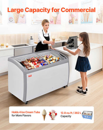 Commercial Ice Cream Display Case, 12.8 Cu.ft Chest Freezer, -19 to 3℉ Temp Adjustable Mobile Top Deep Freezer with 4 Wire Baskets, 2 Sliding Glass Doors, Locking Casters & LED Strip Lighting