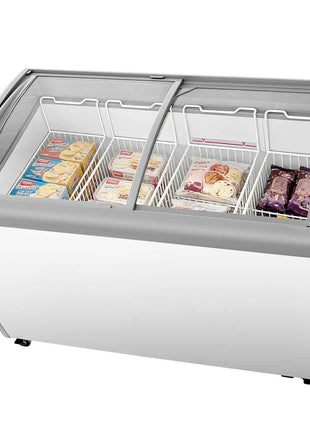 Commercial Ice Cream Display Case, 12.8 Cu.ft Chest Freezer, -19 to 3℉ Temp Adjustable Mobile Top Deep Freezer with 4 Wire Baskets, 2 Sliding Glass Doors, Locking Casters & LED Strip Lighting