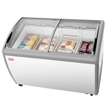 Commercial Ice Cream Display Case, 12.8 Cu.ft Chest Freezer, -19 to 3℉ Temp Adjustable Mobile Top Deep Freezer with 4 Wire Baskets, 2 Sliding Glass Doors, Locking Casters & LED Strip Lighting