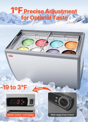 Commercial Ice Cream Display Case, 13.1 Cu.ft Chest Freezer, Restaurant Gelato Dipping Cabinet Top Deep Freezer with Locking Casters, Sliding Glass Door, LED Lighting, Hold 8 Ice Cream Tubs