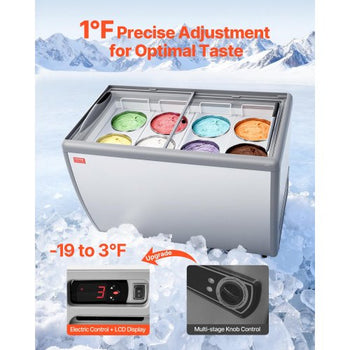 Commercial Ice Cream Display Case, 13.1 Cu.ft Chest Freezer, Restaurant Gelato Dipping Cabinet Top Deep Freezer with Locking Casters, Sliding Glass Door, LED Lighting, Hold 8 Ice Cream Tubs