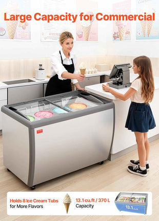 Commercial Ice Cream Display Case, 13.1 Cu.ft Chest Freezer, Restaurant Gelato Dipping Cabinet Top Deep Freezer with Locking Casters, Sliding Glass Door, LED Lighting, Hold 8 Ice Cream Tubs