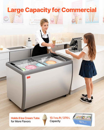Commercial Ice Cream Display Case, 13.1 Cu.ft Chest Freezer, Restaurant Gelato Dipping Cabinet Top Deep Freezer with Locking Casters, Sliding Glass Door, LED Lighting, Hold 8 Ice Cream Tubs