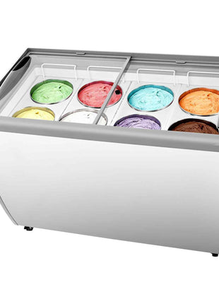 Commercial Ice Cream Display Case, 13.1 Cu.ft Chest Freezer, Restaurant Gelato Dipping Cabinet Top Deep Freezer with Locking Casters, Sliding Glass Door, LED Lighting, Hold 8 Ice Cream Tubs