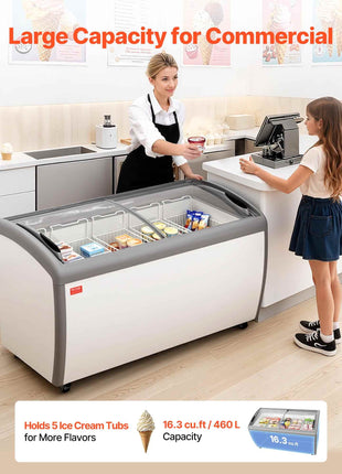 Commercial Ice Cream Display Case, 16.3 Cu.ft Chest Freezer, -19 to 3℉ Temp Adjustable Mobile Top Deep Freezer with 5 Wire Baskets, 2 Sliding Glass Doors, Locking Casters & LED Strip Lighting