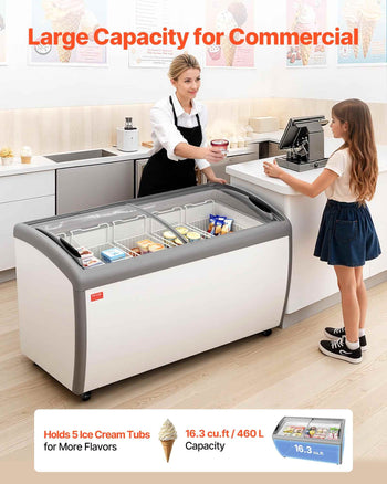 Commercial Ice Cream Display Case, 16.3 Cu.ft Chest Freezer, -19 to 3℉ Temp Adjustable Mobile Top Deep Freezer with 5 Wire Baskets, 2 Sliding Glass Doors, Locking Casters & LED Strip Lighting