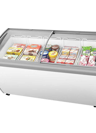 Commercial Ice Cream Display Case, 16.3 Cu.ft Chest Freezer, -19 to 3℉ Temp Adjustable Mobile Top Deep Freezer with 5 Wire Baskets, 2 Sliding Glass Doors, Locking Casters & LED Strip Lighting