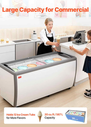 Commercial Ice Cream Display Case, 20 Cu.ft Chest Freezer, Restaurant Gelato Dipping Cabinet Top Deep Freezer with Locking Casters, Sliding Glass Door, LED Lighting, Hold 12 Ice Cream Tubs