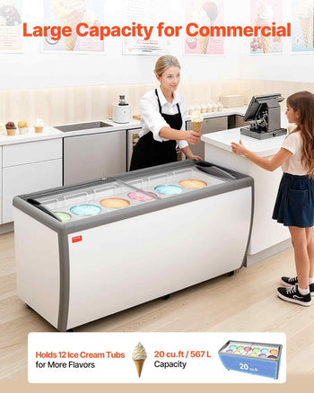 Commercial Ice Cream Display Case, 20 Cu.ft Chest Freezer, Restaurant Gelato Dipping Cabinet Top Deep Freezer with Locking Casters, Sliding Glass Door, LED Lighting, Hold 12 Ice Cream Tubs