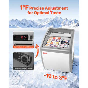 Commercial Ice Cream Display Case, 5.4 Cu.ft Chest Freezer, -19 to 3? Temp Adjustable Mobile Top Deep Freezer with 2 Wire Baskets, 2 Sliding Glass Doors, Locking Casters & LED Strip Lighting