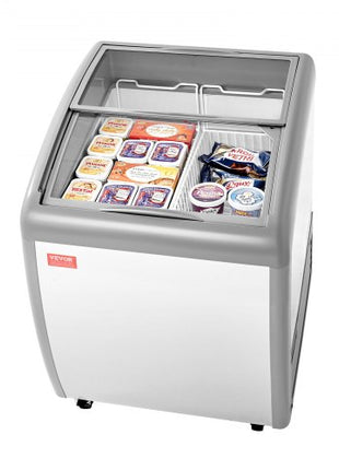 Commercial Ice Cream Display Case, 5.4 Cu.ft Chest Freezer, -19 to 3? Temp Adjustable Mobile Top Deep Freezer with 2 Wire Baskets, 2 Sliding Glass Doors, Locking Casters & LED Strip Lighting