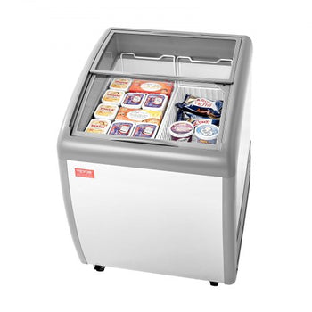 Commercial Ice Cream Display Case, 5.4 Cu.ft Chest Freezer, -19 to 3? Temp Adjustable Mobile Top Deep Freezer with 2 Wire Baskets, 2 Sliding Glass Doors, Locking Casters & LED Strip Lighting
