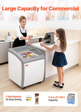 Commercial Ice Cream Display Case, 5.4 Cu.ft Chest Freezer, -19 to 3℉ Temp Adjustable Mobile Top Deep Freezer with 2 Wire Baskets, 2 Sliding Glass Doors, Locking Casters & LED Strip Lighting