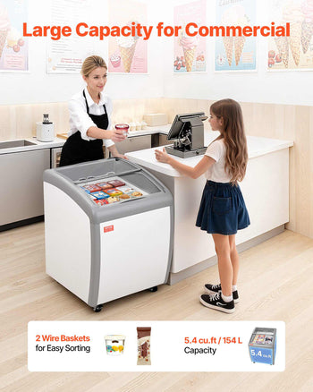 Commercial Ice Cream Display Case, 5.4 Cu.ft Chest Freezer, -19 to 3℉ Temp Adjustable Mobile Top Deep Freezer with 2 Wire Baskets, 2 Sliding Glass Doors, Locking Casters & LED Strip Lighting