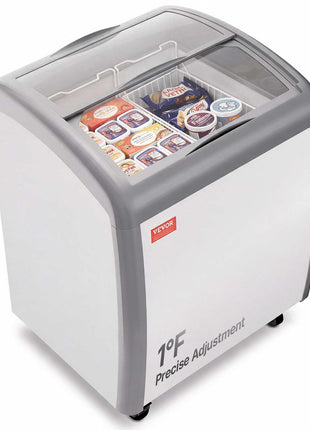 Commercial Ice Cream Display Case, 5.4 Cu.ft Chest Freezer, -19 to 3℉ Temp Adjustable Mobile Top Deep Freezer with 2 Wire Baskets, 2 Sliding Glass Doors, Locking Casters & LED Strip Lighting