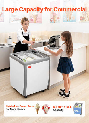 Commercial Ice Cream Display Case, 5.6 Cu.ft Chest Freezer, Restaurant Gelato Dipping Cabinet Top Deep Freezer with Locking Casters, Sliding Glass Door, LED Lighting, Hold 4 Ice Cream Tubs