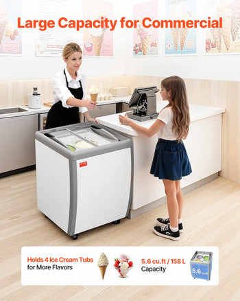 Commercial Ice Cream Display Case, 5.6 Cu.ft Chest Freezer, Restaurant Gelato Dipping Cabinet Top Deep Freezer with Locking Casters, Sliding Glass Door, LED Lighting, Hold 4 Ice Cream Tubs