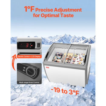 Commercial Ice Cream Display Case, 9.3 Cu.ft Chest Freezer, -19 to 3? Temp Adjustable Mobile Top Deep Freezer with 3 Wire Baskets, 2 Sliding Glass Doors, Locking Casters & LED Strip Lighting