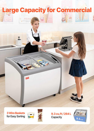 Commercial Ice Cream Display Case, 9.3 Cu.ft Chest Freezer, -19 to 3℉ Temp Adjustable Mobile Top Deep Freezer with 3 Wire Baskets, 2 Sliding Glass Doors, Locking Casters & LED Strip Lighting