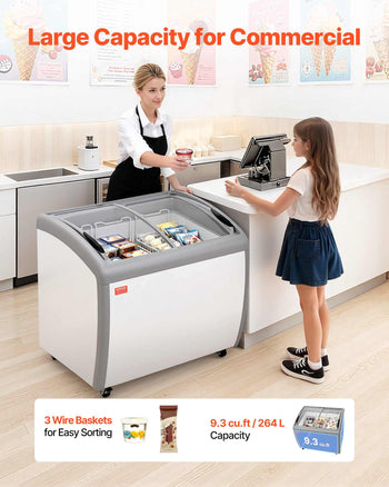 Commercial Ice Cream Display Case, 9.3 Cu.ft Chest Freezer, -19 to 3℉ Temp Adjustable Mobile Top Deep Freezer with 3 Wire Baskets, 2 Sliding Glass Doors, Locking Casters & LED Strip Lighting
