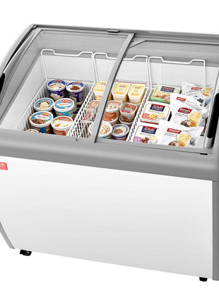 Commercial Ice Cream Display Case, 9.3 Cu.ft Chest Freezer, -19 to 3℉ Temp Adjustable Mobile Top Deep Freezer with 3 Wire Baskets, 2 Sliding Glass Doors, Locking Casters & LED Strip Lighting