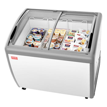 Commercial Ice Cream Display Case, 9.3 Cu.ft Chest Freezer, -19 to 3℉ Temp Adjustable Mobile Top Deep Freezer with 3 Wire Baskets, 2 Sliding Glass Doors, Locking Casters & LED Strip Lighting