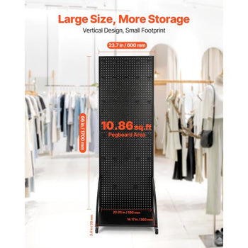 Standing Pegboard Display with Base Plate, 23.7 x 66 in Pegboard Display Stand with Casters and 30 Hooks, Thickened Cold-Rolled Steel Peg Board Panel for Retail Store and Jewelry Shop, Black