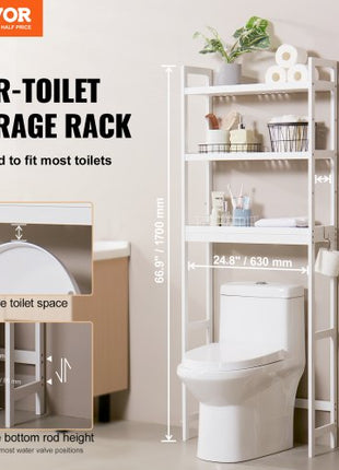 Over the Toilet Storage, 3-Tier Adjustable Over Toilet Bathroom Organizer, Bamboo Storage Shelf Rack with 3 Hooks, Freestanding Easy Assembly Laundry Space Saver, Fit Most Toilets, White
