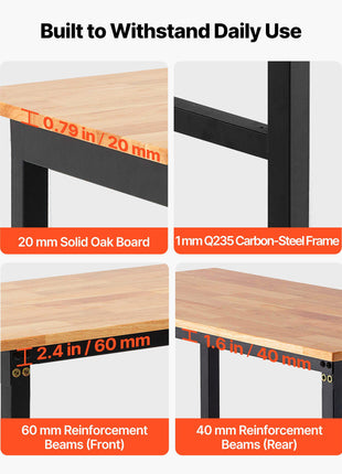 Adjustable Workbench on Wheels, 1500 lbs Capacity, 48 x 24 Inch Oak Wood Top Workbench with 28.5-42.3 Inch Height Adjustment, Heavy-Duty Hardwood Worktable for Garage, Workshop, Home, Office