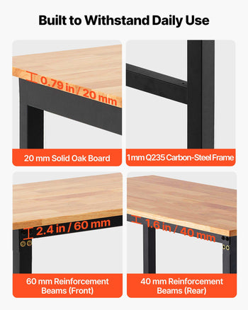 Adjustable Workbench on Wheels, 1500 lbs Capacity, 48 x 24 Inch Oak Wood Top Workbench with 28.5-42.3 Inch Height Adjustment, Heavy-Duty Hardwood Worktable for Garage, Workshop, Home, Office