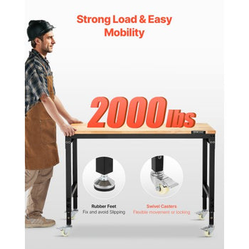 48-Inch Adjustable Workbench, 2000 lbs Load, Work Bench with Power Outlet, Wheels, and Pegboard, Heavy Duty Oak Wood Top Work Table for Garage, Workshop, Office, and Home