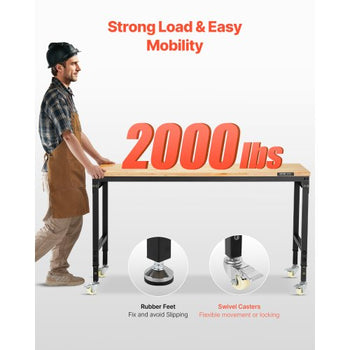 60-Inch Adjustable Workbench, 2000 lbs Load, Work Bench with Power Outlet, Wheels, and Pegboard, Heavy Duty Oak Wood Top Work Table for Garage, Workshop, Office, and Home
