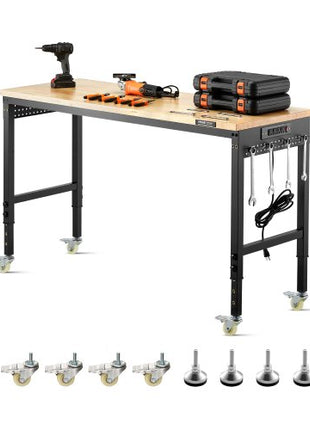 60-Inch Adjustable Workbench, 2000 lbs Load, Work Bench with Power Outlet, Wheels, and Pegboard, Heavy Duty Oak Wood Top Work Table for Garage, Workshop, Office, and Home