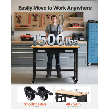 48-inch Workbench, 1500 lbs Load Capacity, Garage Workbench with Drawer Storage & Wheels, Workshop Bench on Wheels, Heavy Duty Oak Wood Top Work Table for Garage, Workshop, Office, and Home