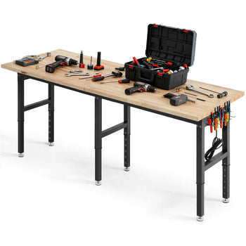 Adjustable Workbench, 5000 lbs Capacity, 96 x 24 Inch Oak Wood Top Workstation with 4 AC Outlets & 2 USB Ports, Heavy-Duty Hardwood Worktable for Garage, Workshop, Home, Office, Commercial
