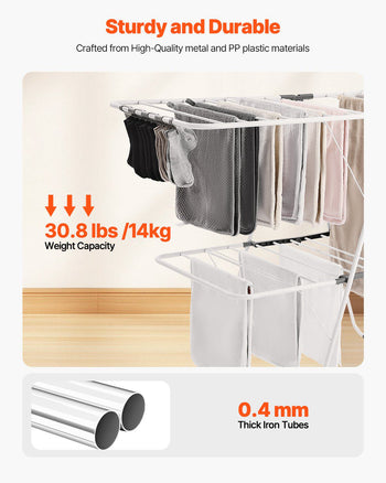 Clothes Drying Rack, 2-Tier Foldable Laundry Dryer Rack with Sock Clips & 31 Dry Rods, Metal Height Adjustable Drying Racks for Outdoor & Indoor, Free-Standing & Space-Saving Hanger, White