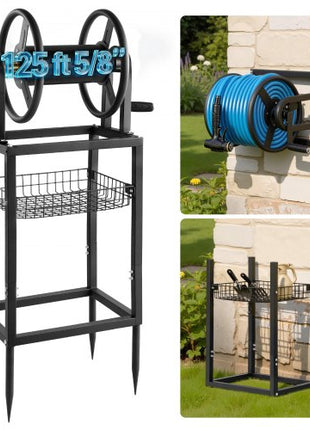 Freestanding Garden Hose Reel, Holds 125 Feet of 5/8-inch Hose, Wall Mount or Ground Mount, Detachable Holder Stand with Storage Rack, 5 ft Leader Hose, Brass Fitting, 4 Spikes, for Backyards