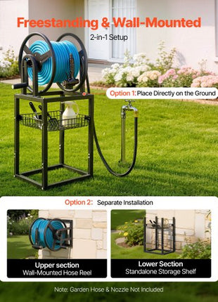 Freestanding Garden Hose Reel, Holds 200 Feet of 5/8-inch Hose, Wall Mount or Ground Mount, Detachable Holder Stand with Storage Rack, 5 ft Leader Hose, Brass Fitting, 4 Spikes, for Backyards