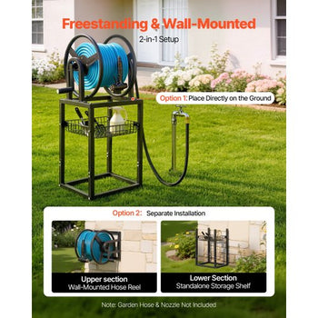 Freestanding Garden Hose Reel, Holds 200 Feet of 5/8-inch Hose, Wall Mount or Ground Mount, Detachable Holder Stand with Storage Rack, 5 ft Leader Hose, Brass Fitting, 4 Spikes, for Backyards