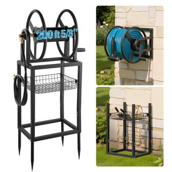 Freestanding Garden Hose Reel, Holds 200 Feet of 5/8-inch Hose, Wall Mount or Ground Mount, Detachable Holder Stand with Storage Rack, 5 ft Leader Hose, Brass Fitting, 4 Spikes, for Backyards