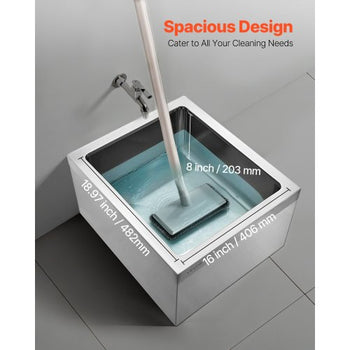 Stainless Steel Floor Mop Sink, 22 x 19 x 12 in, 304 Stainless Steel, with 3-in-1 Filter and Wall-Mounted Bracket, X-Shaped Groove for Quick and Smooth Drainage, for Balcony and Bathroom