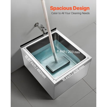 Stainless Steel Floor Mop Sink, 22 x 19 x 12 in, 304 Stainless Steel, with Backsplash, 3-in-1 Filter and Wall-Mounted Bracket, X-Shaped Groove for Quick Drainage, for Balcony and Bathroom