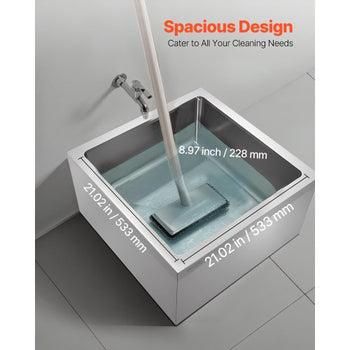 Stainless Steel Floor Mop Sink, 24 x 24 x 13 in, 304 Stainless Steel, with 3-in-1 Filter and Wall-Mounted Bracket, X-Shaped Groove for Quick and Smooth Drainage, for Balcony and Bathroom