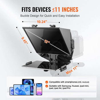 Teleprompter, 13" Aluminum Alloy, Floor Type with Adjustable Angle Spectroscope, Remote Control, for YouTube, Twitch, Zoom, Supports DSLR/Webcam/Smartphone, for Video Recording/Live Streaming