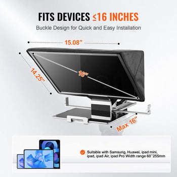 Teleprompter, 16" Aluminum Alloy, Floor Type with Adjustable Angle Spectroscope, Remote Control, for YouTube, Twitch, Zoom, Supports DSLR/Webcam, for Video Recording/Live Streaming