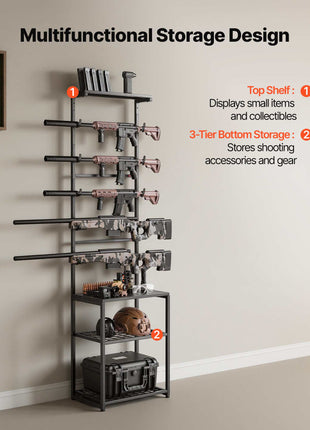 Gun Rack, Floor Standing, Indoor Rifle Shotgun Rack Stand with Storage Shelf, for Wall Mount Gun Display Stand, Holds up to 5 Rifles, Heavy Duty Steel, for Home Garage Hunting Long Guns Storage