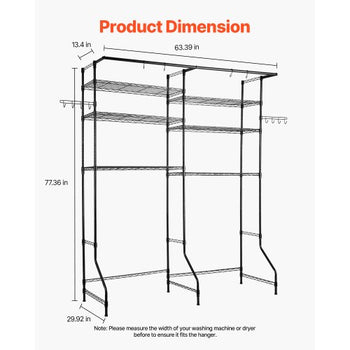 Over Washer and Dryer Storage Shelves, 6 Tiers Laundry Room Drying Rack with Hanger Rod and Hooks, Two Rows Adjustable Washer Shelves Space Saver, for Laundry Room Storage & Organization, Black